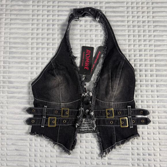ROMWE Tops - NWT ROMWE Hippie Fringe Cami Top Womens Large Denim Backless Metal Decor Y2K